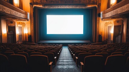 Naklejka premium Wide-angle shot of an empty theater with rows of seats and a large, blank projection screen
