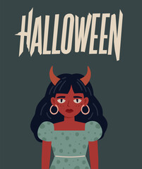 Unhappy devil girl in ugly dress. Halloween