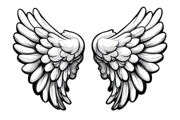 Obraz premium A pair of detailed, symmetrical angel wings with a white outline against a white background.