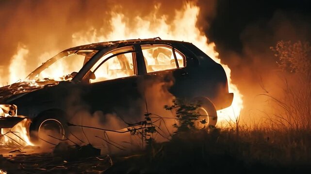After the nighttime traffic accident, the car caught fire and exploded.
