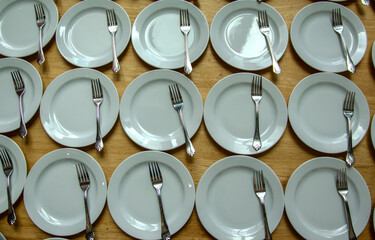 Ceramic plate set background, arranged in order, break food