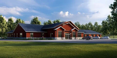 Obraz premium Modern Brick Building with Green Grass and a Blue Sky