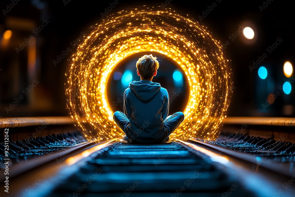 Poster a person sits on a train track facing a glowing circular light in the dark.