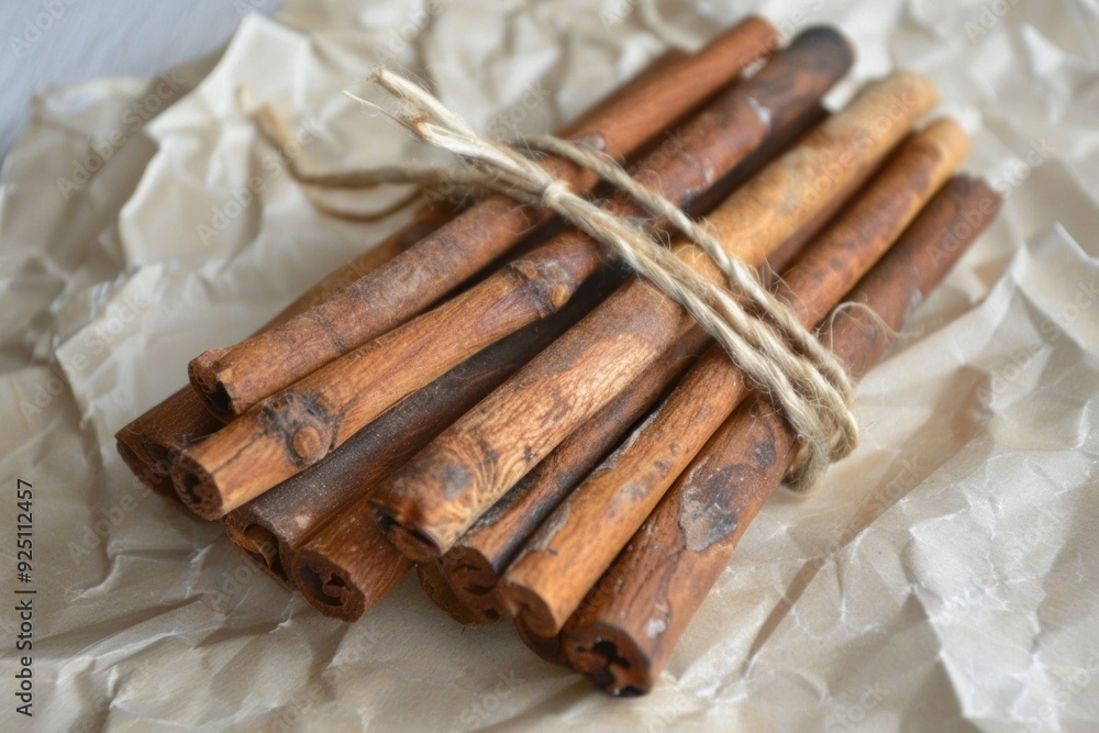 Poster cinnamon sticks tied with string resting on brown crumpled paper, exuding warmth and aromatic spice
