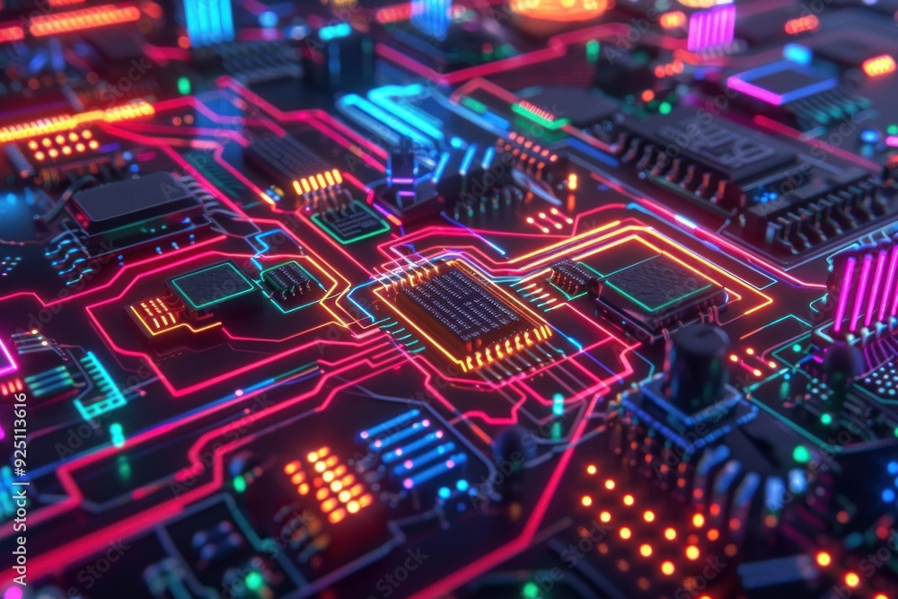 Poster modern circuit board with colorful lights illustrating the flow of data through its many components