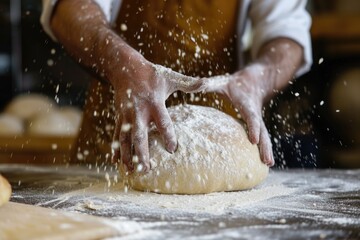 Fototapeta premium Craftsman's hands kneading dough with flour