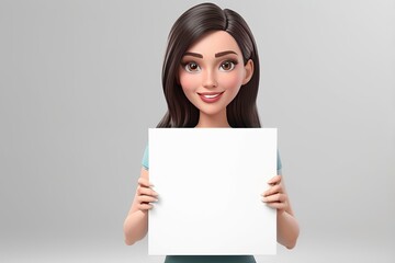 Fototapeta premium 3D woman cartoon character holding a small square blank sign, inviting customization on a white background. Made with generative AI technology