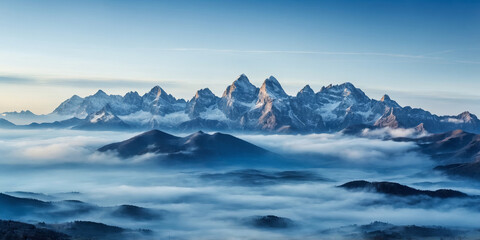 high in the mountains blue fog at dawn , landscape of mountains at dawn