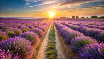 Fototapeta premium Old road passing through lavender fields, morning sunlight, golden hour, lavender, fields, road, old, morning