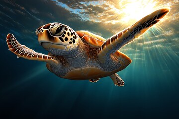 A sea turtle swims gracefully through the water, sunlight streaming down from above.