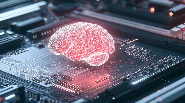 A digital 3D hologram of a human brain projected over a computer motherboard, illustrating the integration of artificial intelligence with hardware systems. This image highlights the advanced technolo