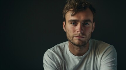Obraz premium A young man in casual attire sits pensively against a dark backdrop, highlighting his contemplative nature and introspective mood.