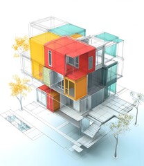 Fototapeta premium Modern Architecture Design Sketch of Colorful Building