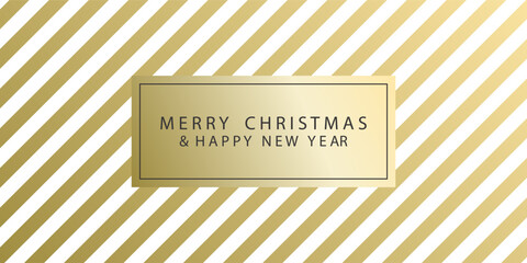 Merry Christmas and Happy New Year greeting banner. Gold Striped Background for postcard, greetings, brochure. Winter vector illustration.