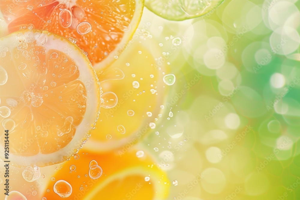 Poster slices of citrus fruits floating in sparkling water with a green bokeh background, perfect for a ref