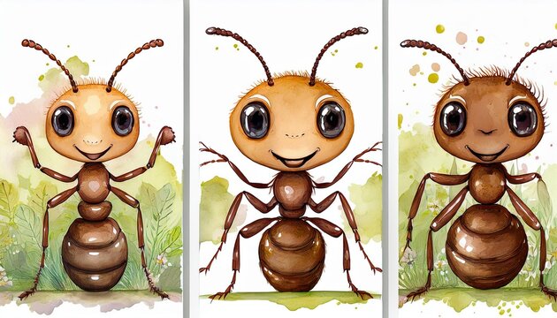 Collection of three watercolour paintings of brown cute ant