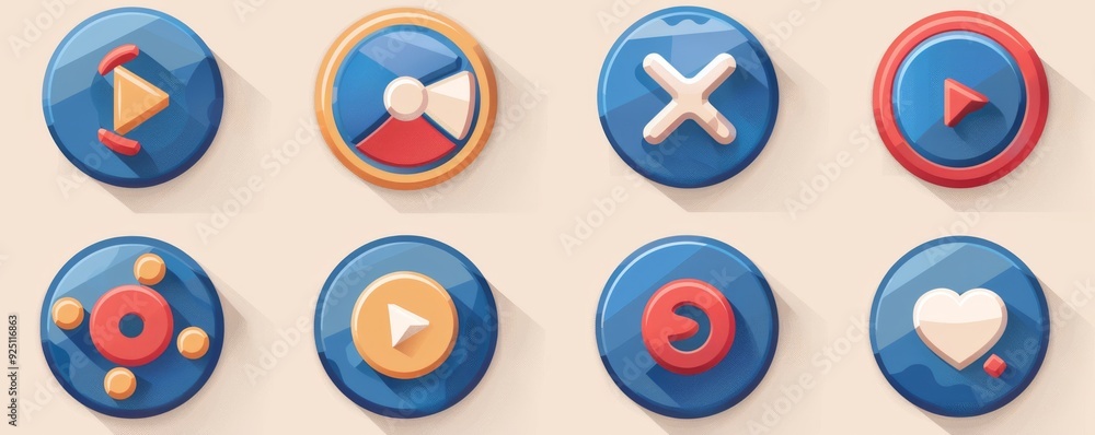 Poster set of blue circle icons for mobile game ui including play, mail, and settings buttons