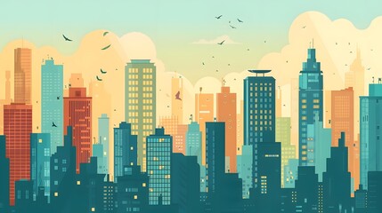 Fototapeta premium Cityscape with Buildings and Birds in the Sky