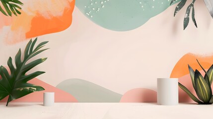 Minimalist Abstract Background with White Cylinders and Green Leaves