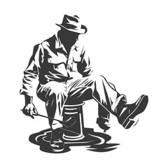 Silhouette of a Man in Workwear, Relaxed Posture, Oil Stain, Monochromatic Illustration