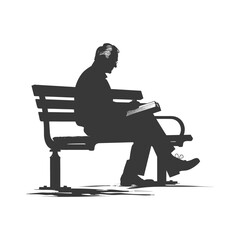 Silhouette of Elderly Man Reading on Park Bench, Monochrome Illustration