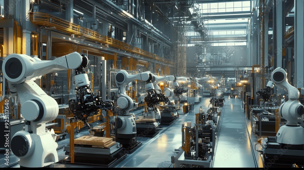 Poster industrial robots working on assembly line in modern factory.