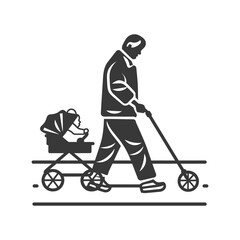 Monochromatic Illustration: Father Pushing Baby Stroller on Sidewalk