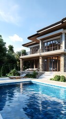 Fototapeta premium Luxury Modern Villa with Swimming Pool and Stone Exterior