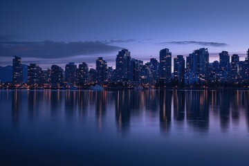 Naklejka premium Modern cityscape reflecting on water at twilight with cloudy sky in the background