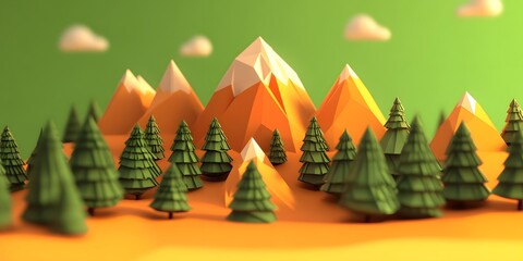 Low Poly Mountains with Green Trees and Clouds