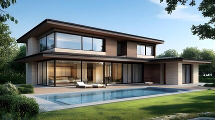 Fototapeta premium Modern House with Swimming Pool and Lush Green Garden