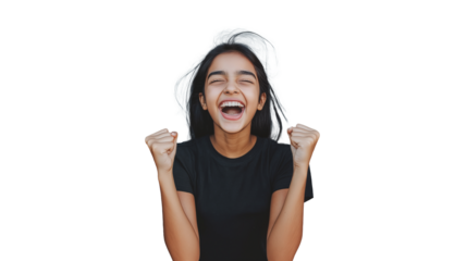 Joyful Indian Woman Celebrates with Enthusiastic Cheers on Vibrant isolated on transparent background