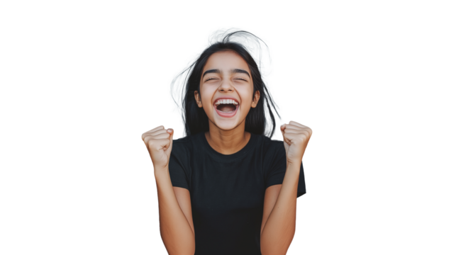 Joyful Indian Woman Celebrates with Enthusiastic Cheers on Vibrant isolated on transparent background