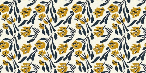 Modern printed fabric flower block print pattern with linen texture effect. Stylized boho dark floral for chic fashion background motif border design.