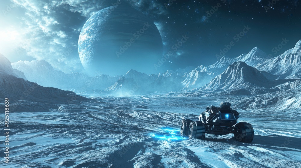 Poster futuristic spaceship exploring an alien planet with a blue moon in the background - sci-fi landscape