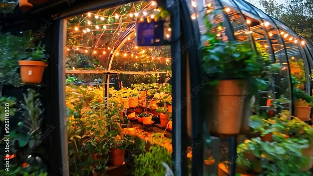 Poster lush plants thrive in a greenhouse adorned with string lights, creating a serene atmosphere in a gar
