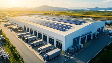  In the aerial view of an industrial building with solar panels on its roof, the scene captures a clean and modern warehouse