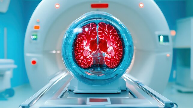 High-tech MRI scan revealing detailed brain structure in a modern medical facility.