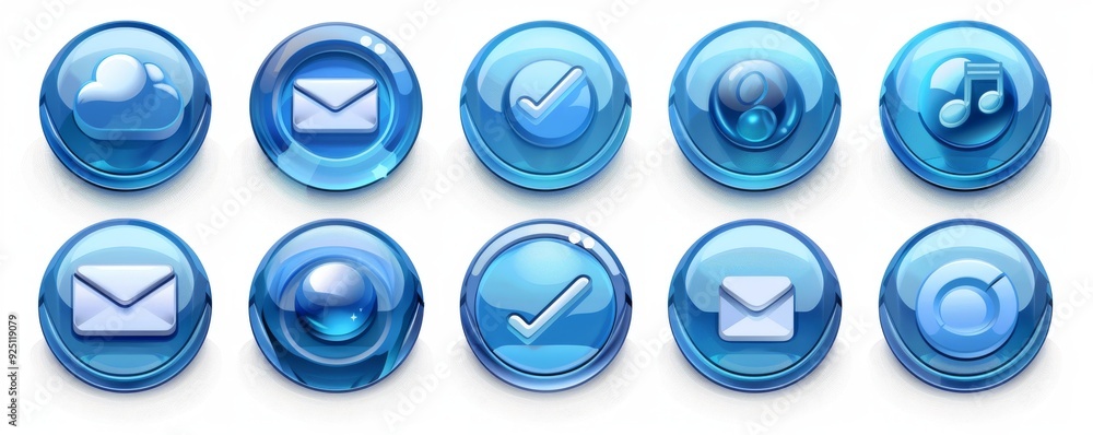 Poster set of blue circular icons for mobile game or app user interface
