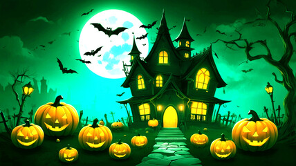 A spooky forest sunset with a haunted evil glowing eyes of Jack O' Lanterns on the left of a wooden bench on a scary halloween night.