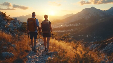 A couple holds hands, trekking along a rocky path, illuminated by a stunning sunset over the breathtaking mountains