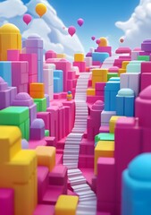 Fototapeta premium Colorful 3D Illustration of a City with Stairs Leading Upward