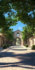 Stone Courtyard Pathway With Archway And Greenery