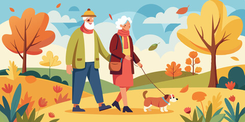 Elderly couple walks with a dog in the park in autumn. Seniors are walking
