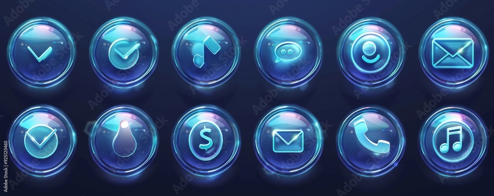 Poster set of blue circular icons for mobile games and applications on a dark background