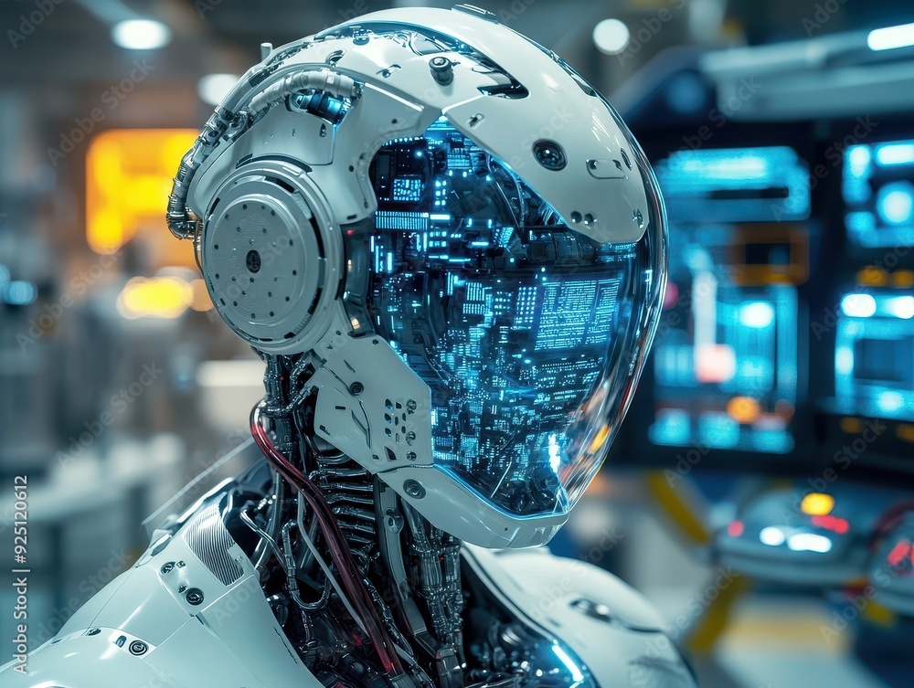 Poster futuristic robot head with glowing circuitry - artificial intelligence concept.