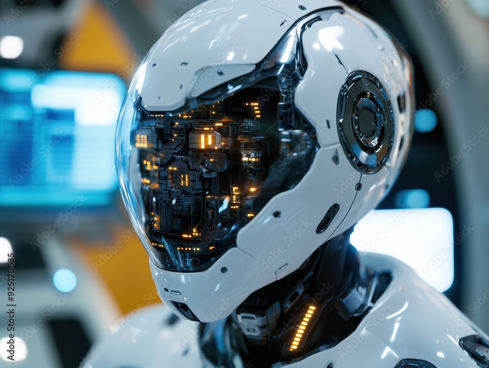 Poster futuristic white robot head with glowing circuits and visor - artificial intelligence concept.