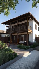 Fototapeta premium Exterior Design of a White Two Story House with a Balcony and a Gravel Pathway