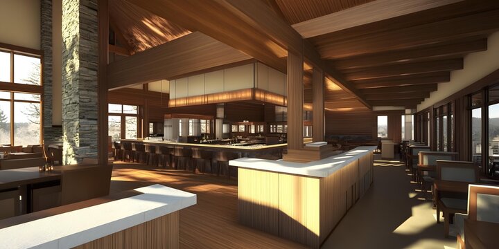 Modern Restaurant Interior Design with Wooden Beams and Stone Walls