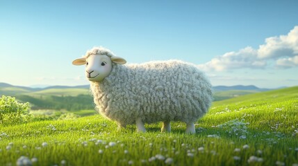 Fototapeta premium Cute Cartoon Sheep in a Green Meadow with White Flowers and a Blue Sky.